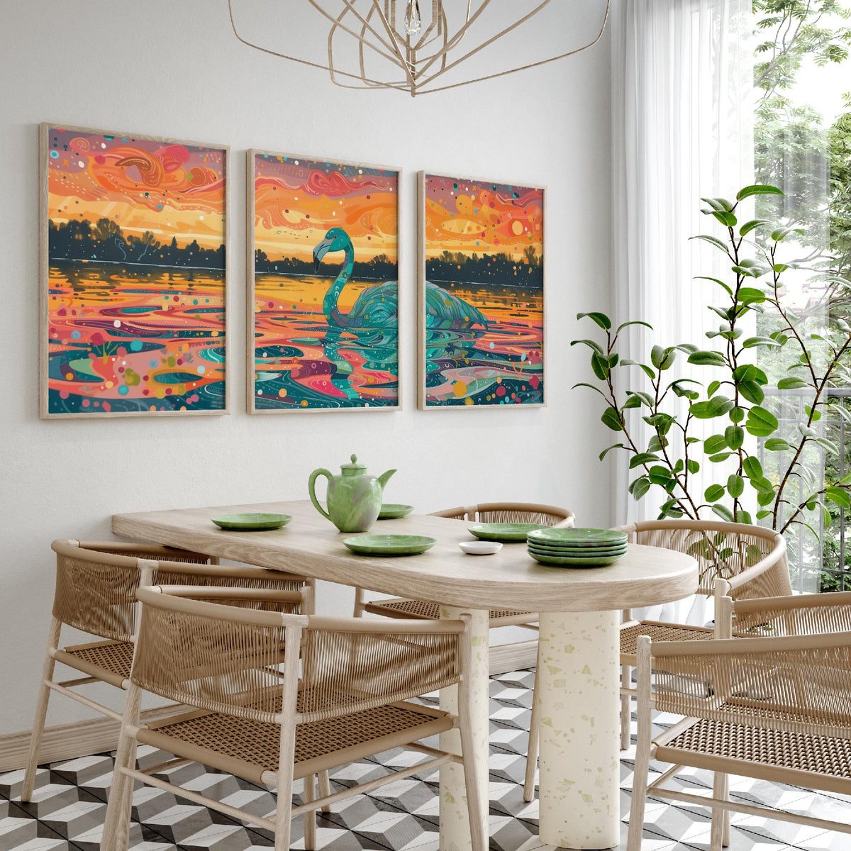 Teal Flamingo Set of Three Art Prints - 3 Bird Lake Sunset Posters - Turquoise Coral Boho Wildlife Painting Decor