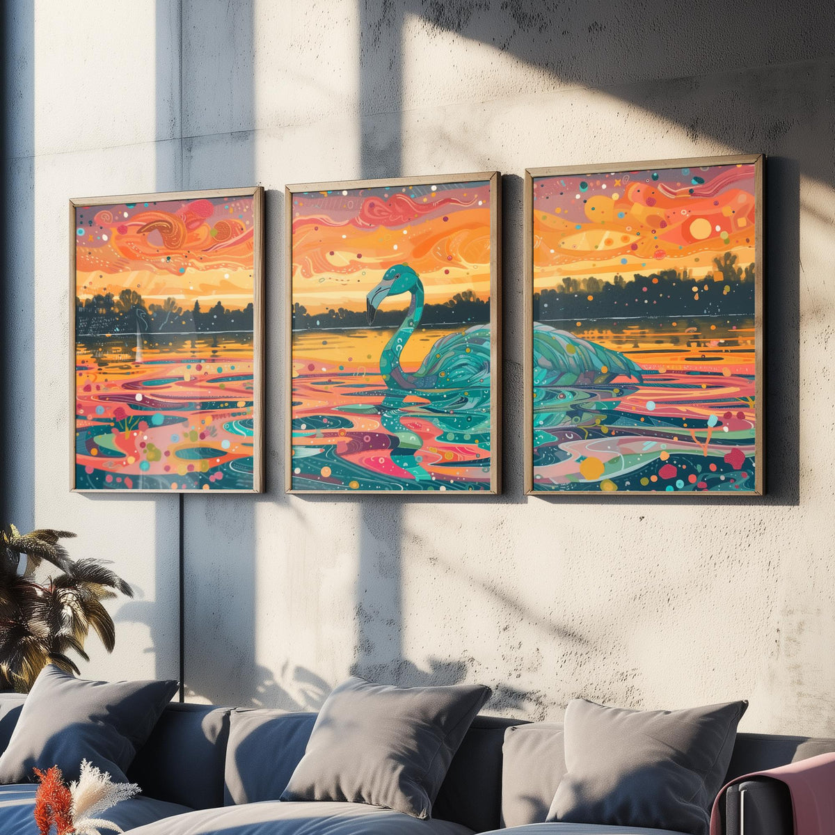 Teal Flamingo Set of Three Art Prints - 3 Bird Lake Sunset Posters - Turquoise Coral Boho Wildlife Painting Decor