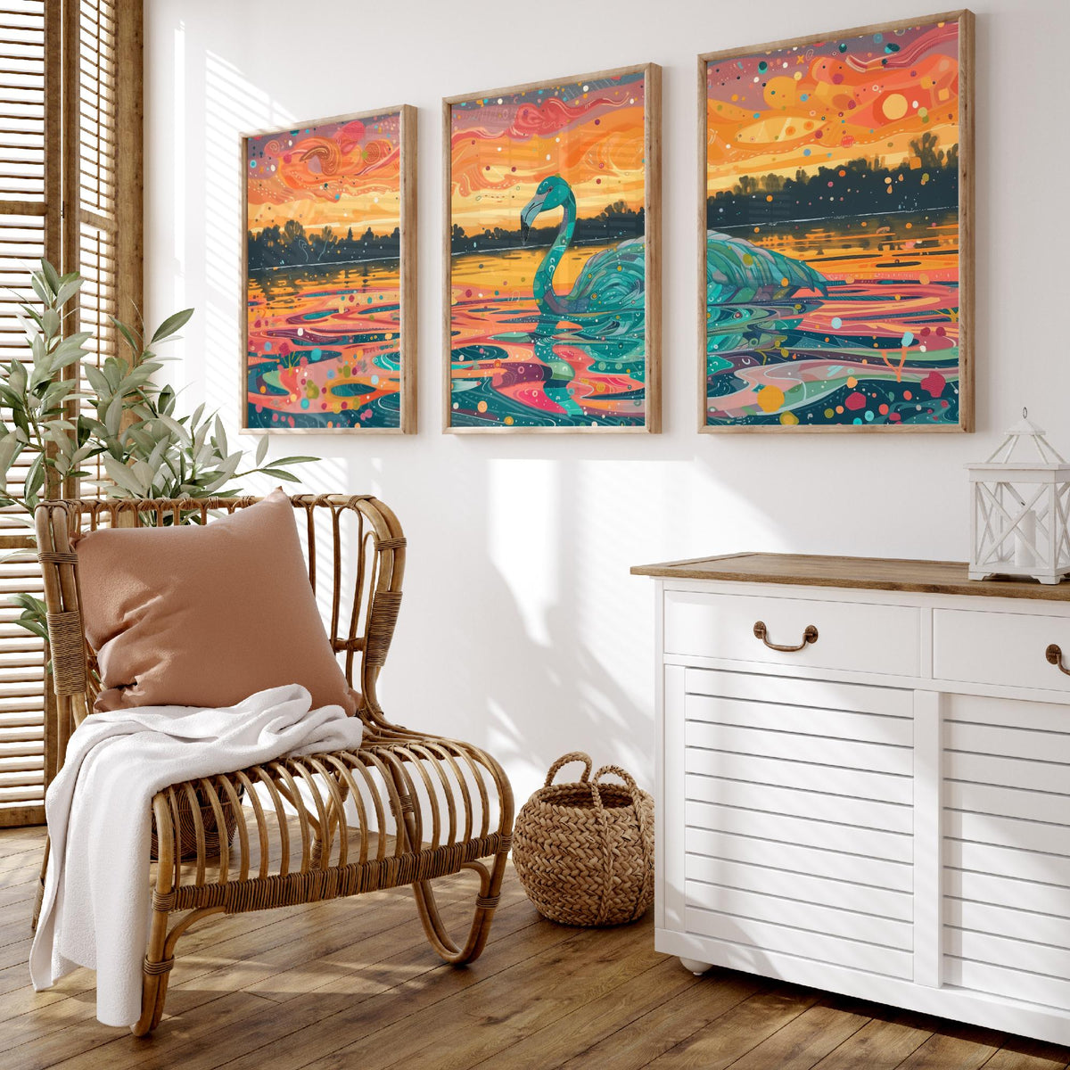 Teal Flamingo Set of Three Art Prints - 3 Bird Lake Sunset Posters - Turquoise Coral Boho Wildlife Painting Decor