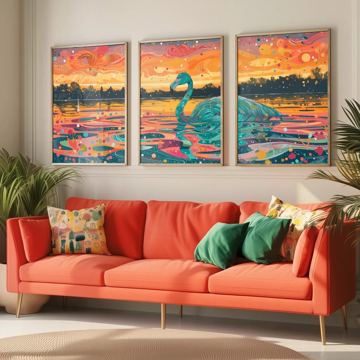 Teal Flamingo Set of Three Art Prints - 3 Bird Lake Sunset Posters - Turquoise Coral Boho Wildlife Painting Decor
