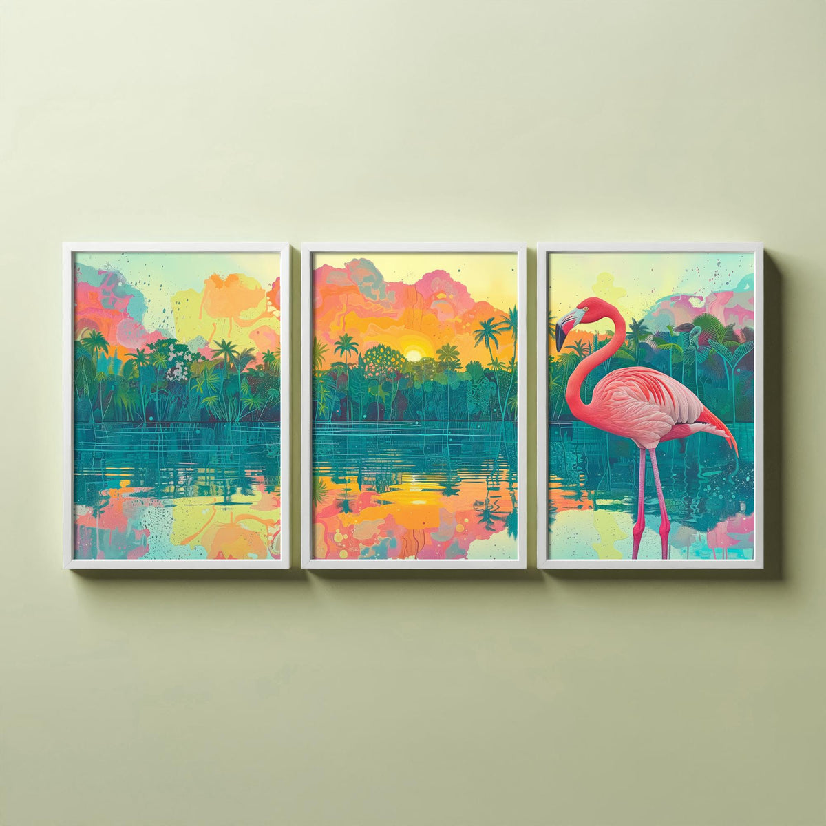 Pink Flamingo Set of Three Art Prints - 3 Tropical Jungle Sunset Posters - Pastel Palm Beach Wildlife Painting Decor