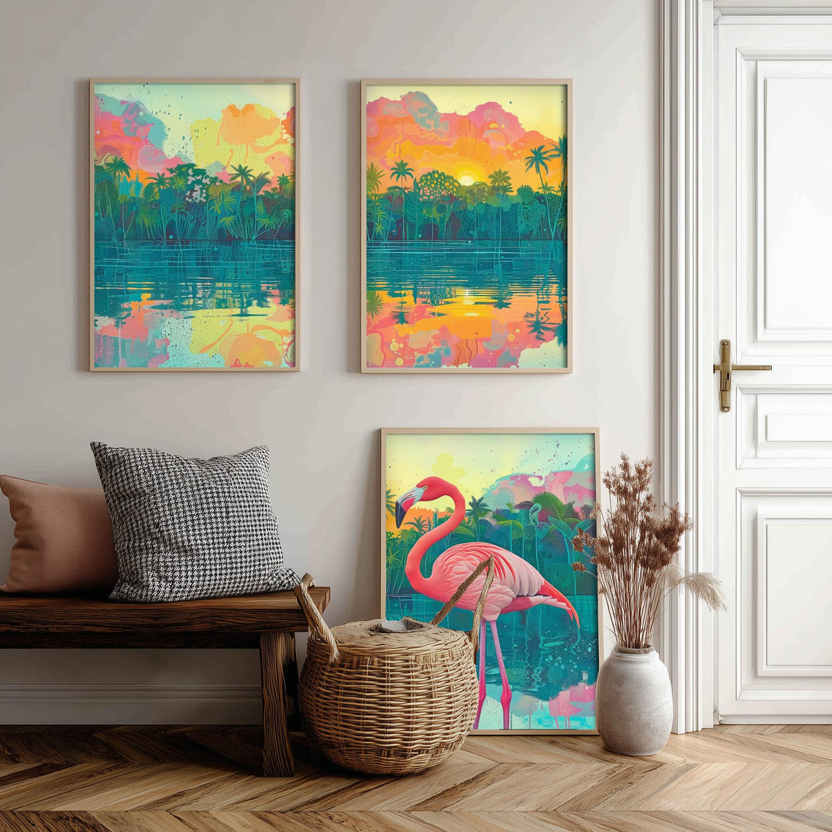 Pink Flamingo Set of Three Art Prints - 3 Tropical Jungle Sunset Posters - Pastel Palm Beach Wildlife Painting Decor
