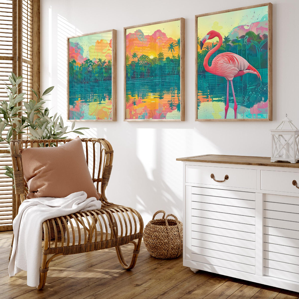 Pink Flamingo Set of Three Art Prints - 3 Tropical Jungle Sunset Posters - Pastel Palm Beach Wildlife Painting Decor