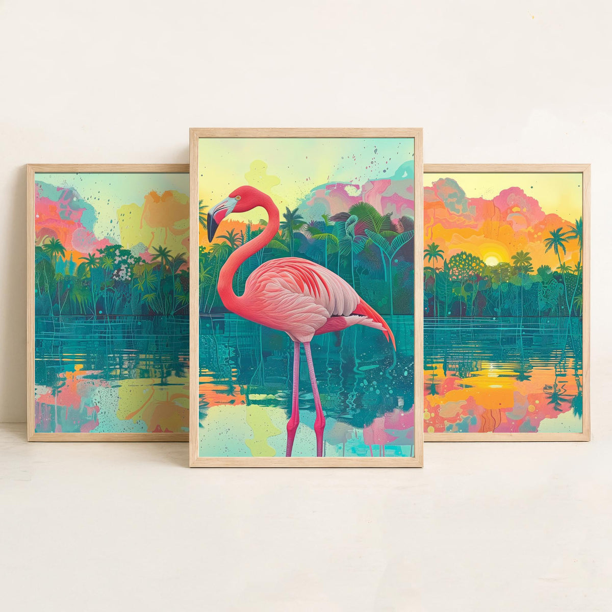 Pink Flamingo Set of Three Art Prints - 3 Tropical Jungle Sunset Posters - Pastel Palm Beach Wildlife Painting Decor