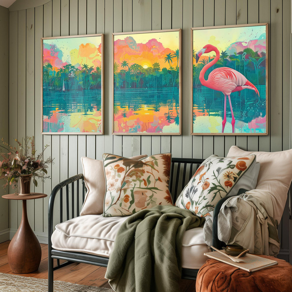 Pink Flamingo Set of Three Art Prints - 3 Tropical Jungle Sunset Posters - Pastel Palm Beach Wildlife Painting Decor
