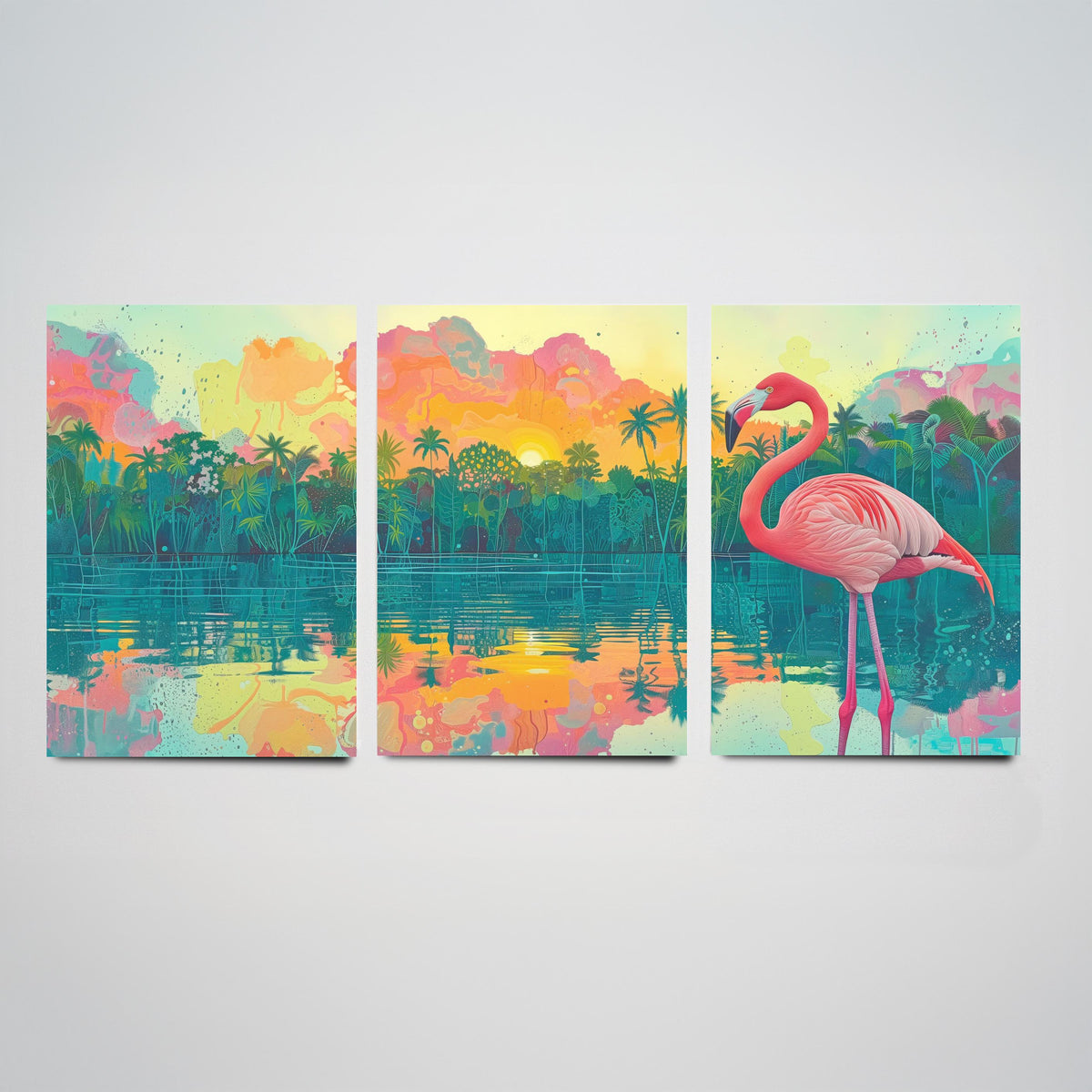 Pink Flamingo Set of Three Art Prints - 3 Tropical Jungle Sunset Posters - Pastel Palm Beach Wildlife Painting Decor