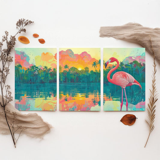 Pink Flamingo Set of Three Art Prints - 3 Tropical Jungle Sunset Posters - Pastel Palm Beach Wildlife Painting Decor