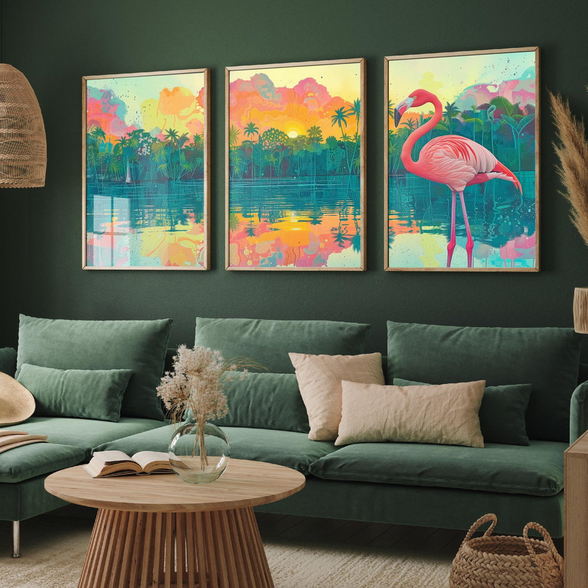 Pink Flamingo Set of Three Art Prints - 3 Tropical Jungle Sunset Posters - Pastel Palm Beach Wildlife Painting Decor