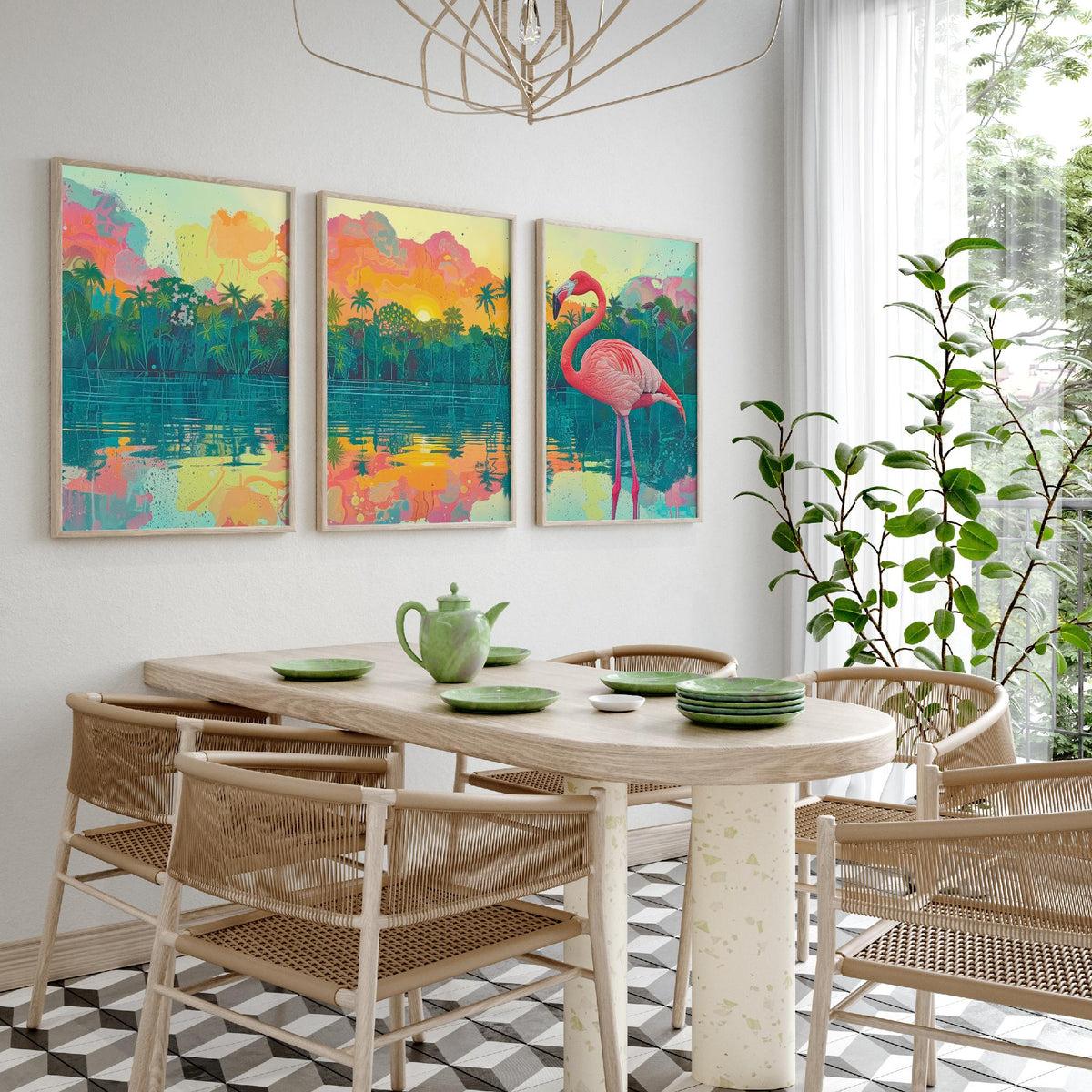Pink Flamingo Set of Three Art Prints - 3 Tropical Jungle Sunset Posters - Pastel Palm Beach Wildlife Painting Decor