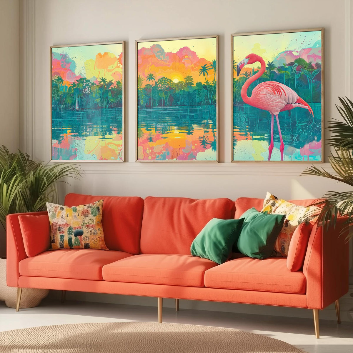 Pink Flamingo Set of Three Art Prints - 3 Tropical Jungle Sunset Posters - Pastel Palm Beach Wildlife Painting Decor