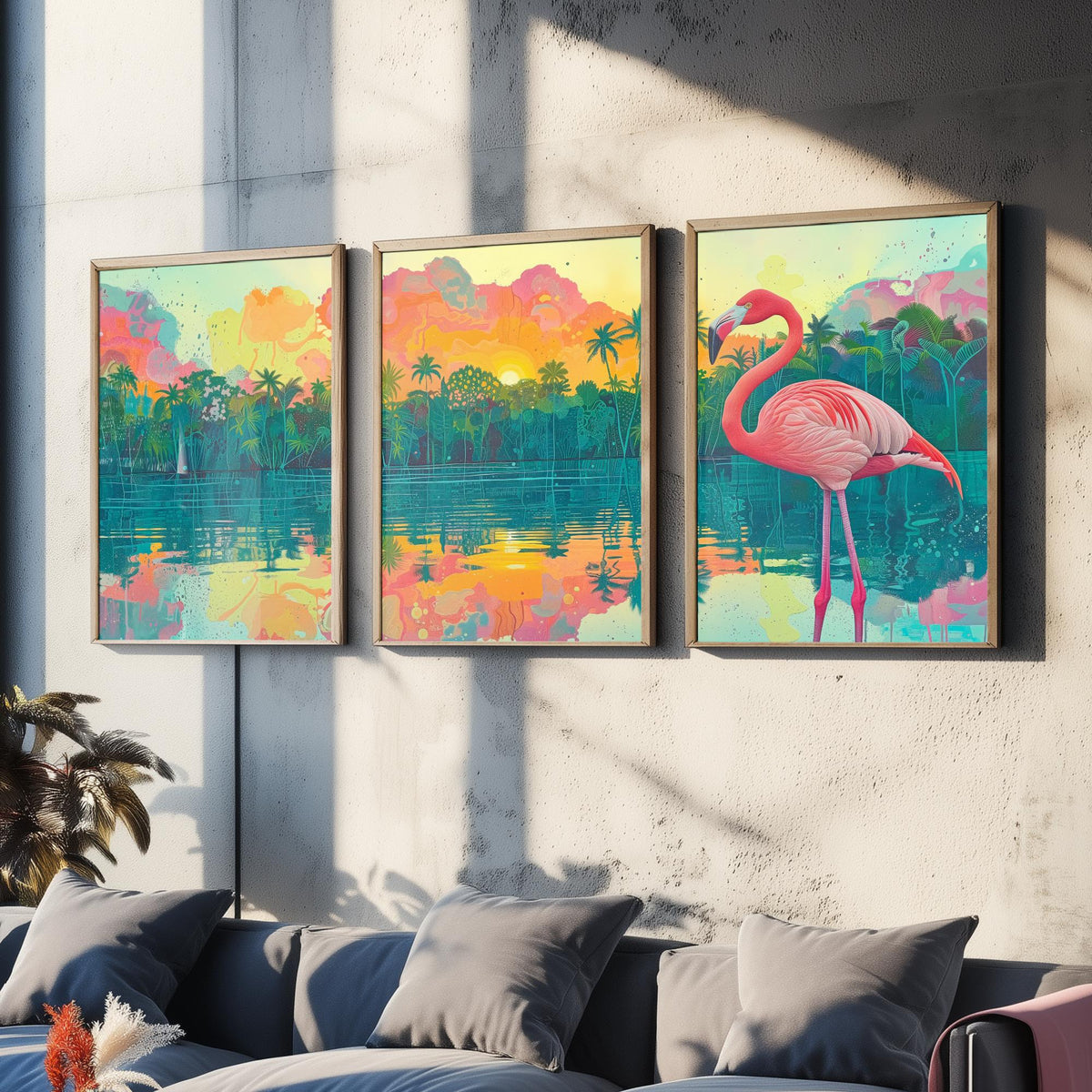 Pink Flamingo Set of Three Art Prints - 3 Tropical Jungle Sunset Posters - Pastel Palm Beach Wildlife Painting Decor