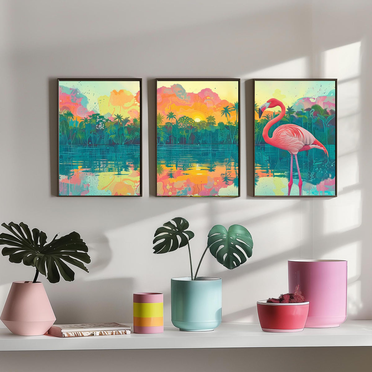 Pink Flamingo Set of Three Art Prints - 3 Tropical Jungle Sunset Posters - Pastel Palm Beach Wildlife Painting Decor