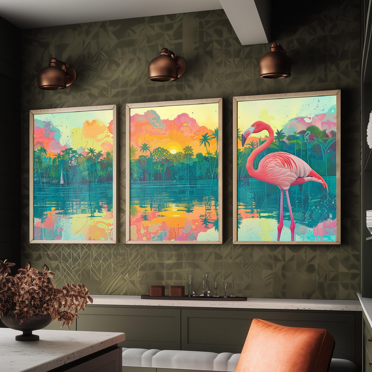 Pink Flamingo Set of Three Art Prints - 3 Tropical Jungle Sunset Posters - Pastel Palm Beach Wildlife Painting Decor