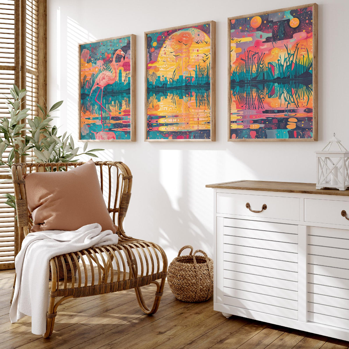 Surreal Flamingo Set of Three Art Prints - 3 Wetland Moon Cityscape Posters - Bold Boho Bird Wildlife Painting Decor