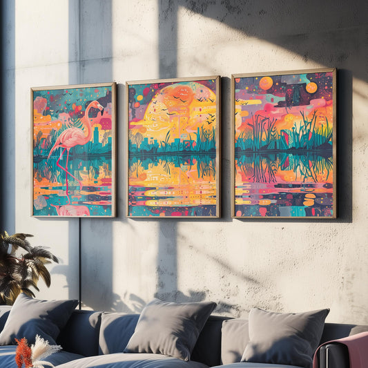 Surreal Flamingo Set of Three Art Prints - 3 Wetland Moon Cityscape Posters - Bold Boho Bird Wildlife Painting Decor