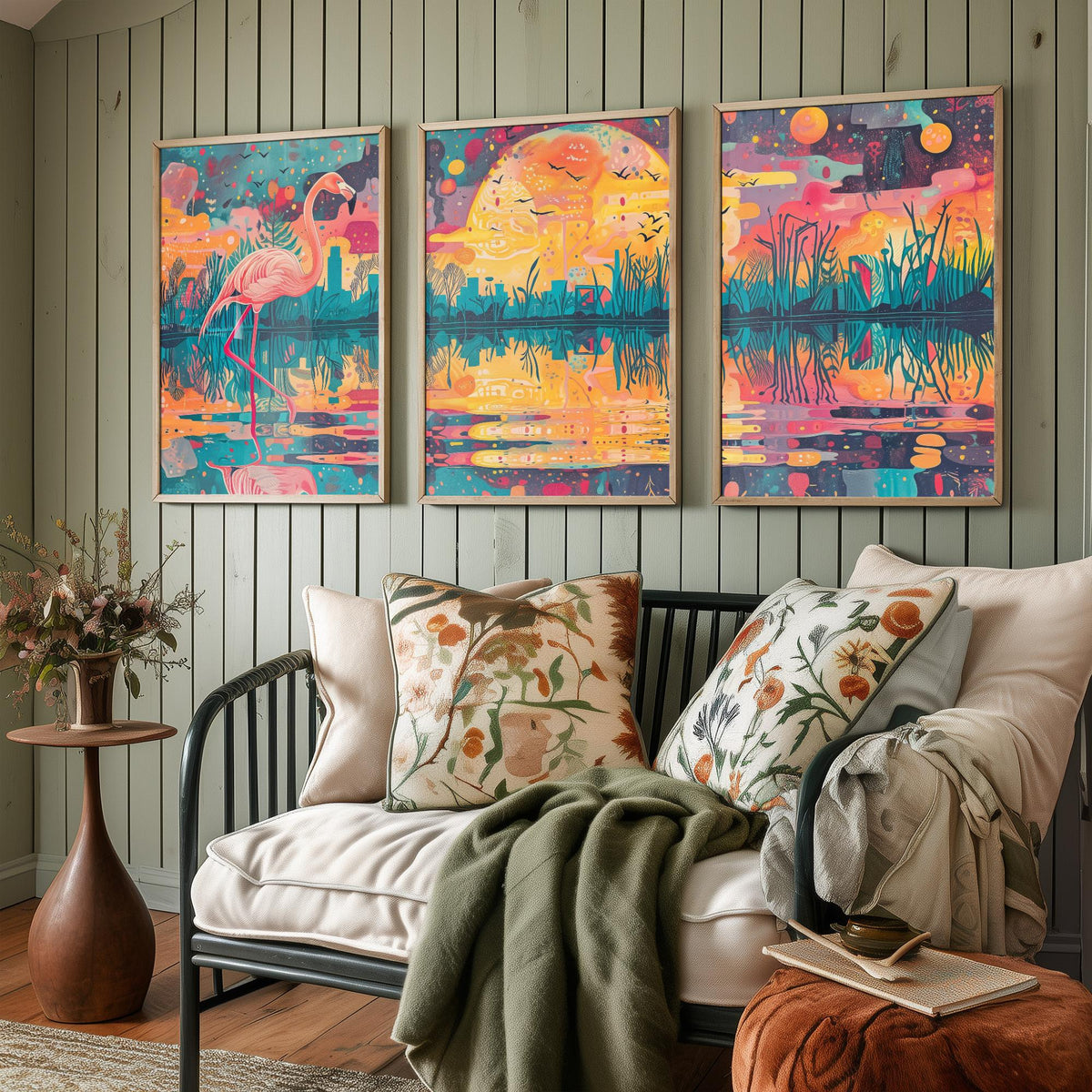 Surreal Flamingo Set of Three Art Prints - 3 Wetland Moon Cityscape Posters - Bold Boho Bird Wildlife Painting Decor