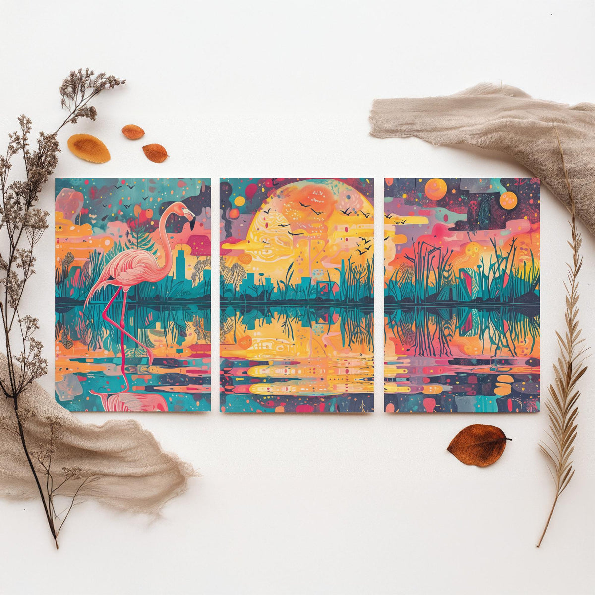 Surreal Flamingo Set of Three Art Prints - 3 Wetland Moon Cityscape Posters - Bold Boho Bird Wildlife Painting Decor