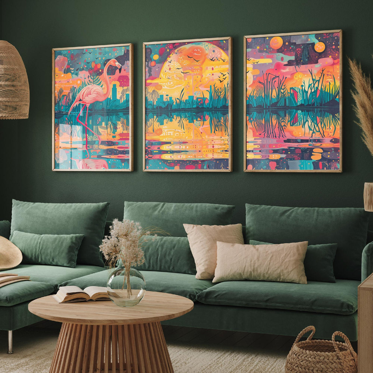 Surreal Flamingo Set of Three Art Prints - 3 Wetland Moon Cityscape Posters - Bold Boho Bird Wildlife Painting Decor
