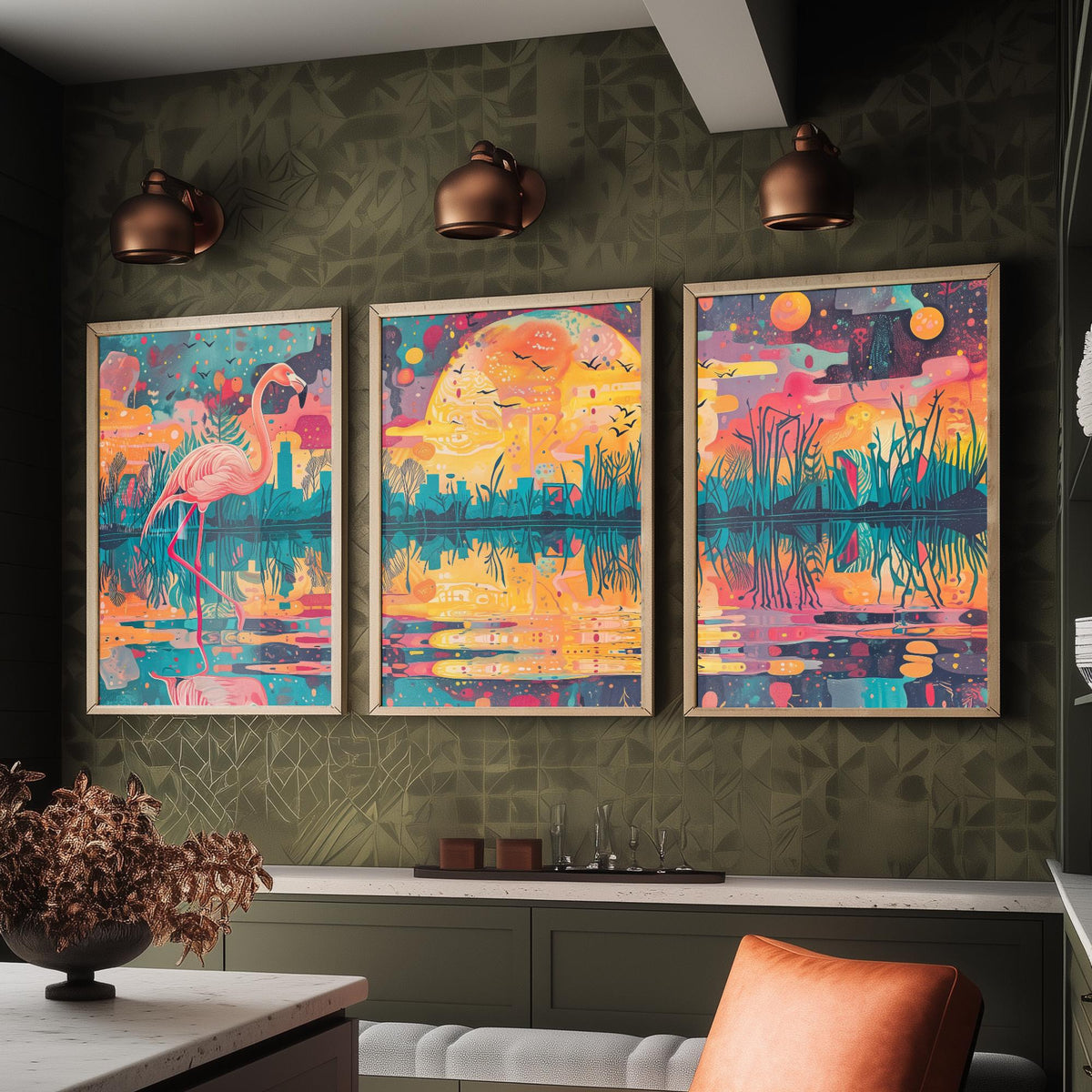 Surreal Flamingo Set of Three Art Prints - 3 Wetland Moon Cityscape Posters - Bold Boho Bird Wildlife Painting Decor
