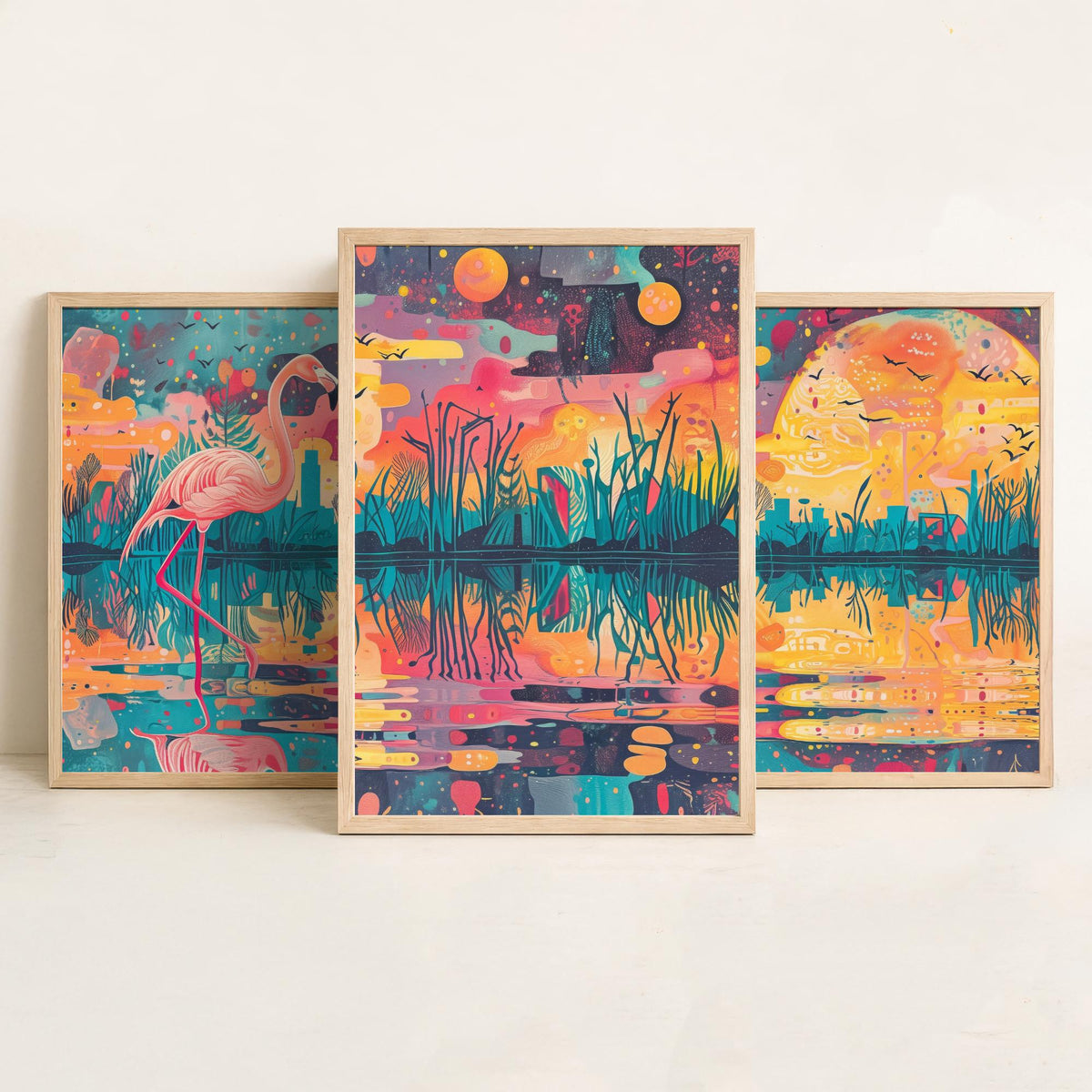 Surreal Flamingo Set of Three Art Prints - 3 Wetland Moon Cityscape Posters - Bold Boho Bird Wildlife Painting Decor