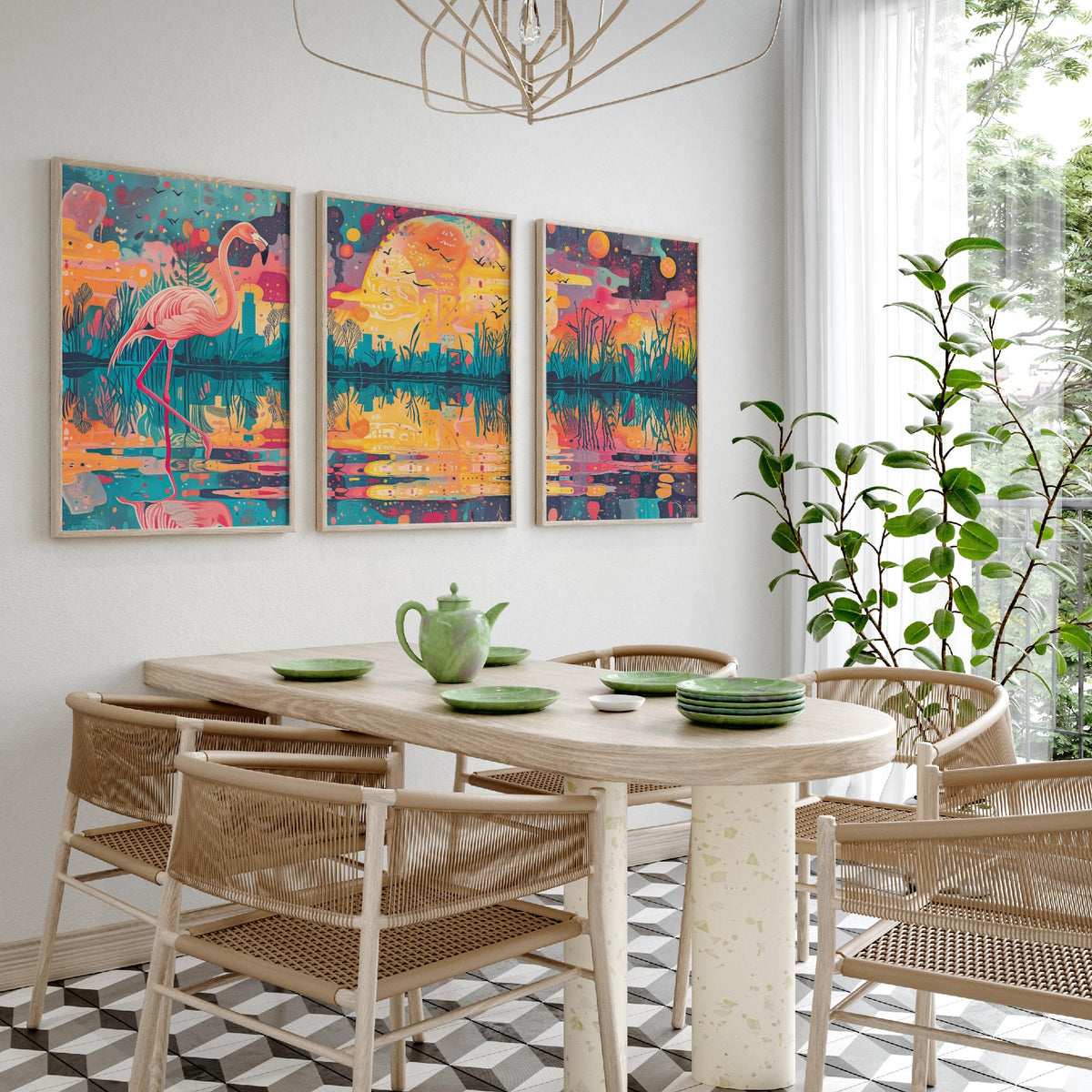 Surreal Flamingo Set of Three Art Prints - 3 Wetland Moon Cityscape Posters - Bold Boho Bird Wildlife Painting Decor