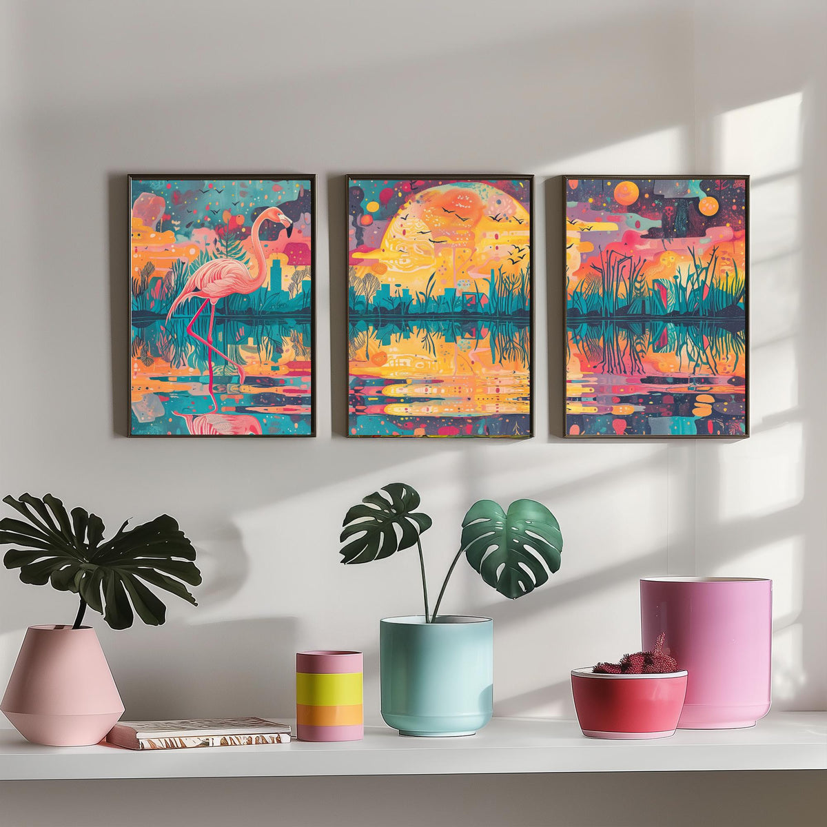 Surreal Flamingo Set of Three Art Prints - 3 Wetland Moon Cityscape Posters - Bold Boho Bird Wildlife Painting Decor