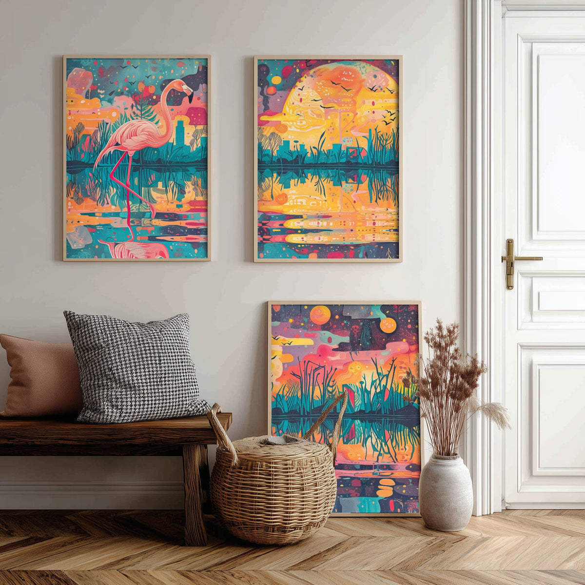 Surreal Flamingo Set of Three Art Prints - 3 Wetland Moon Cityscape Posters - Bold Boho Bird Wildlife Painting Decor