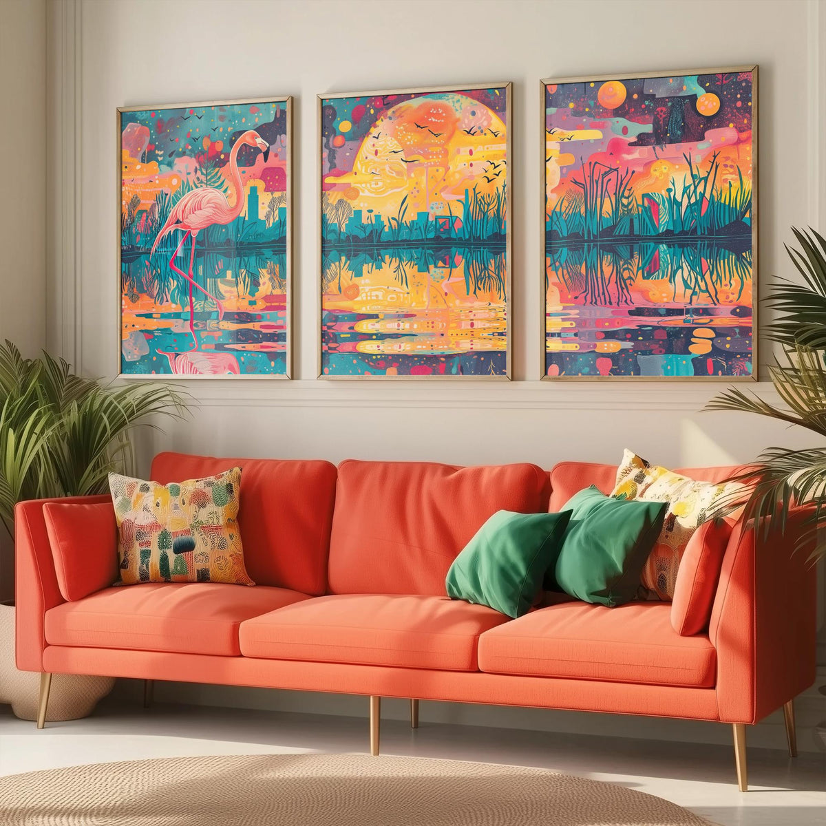 Surreal Flamingo Set of Three Art Prints - 3 Wetland Moon Cityscape Posters - Bold Boho Bird Wildlife Painting Decor