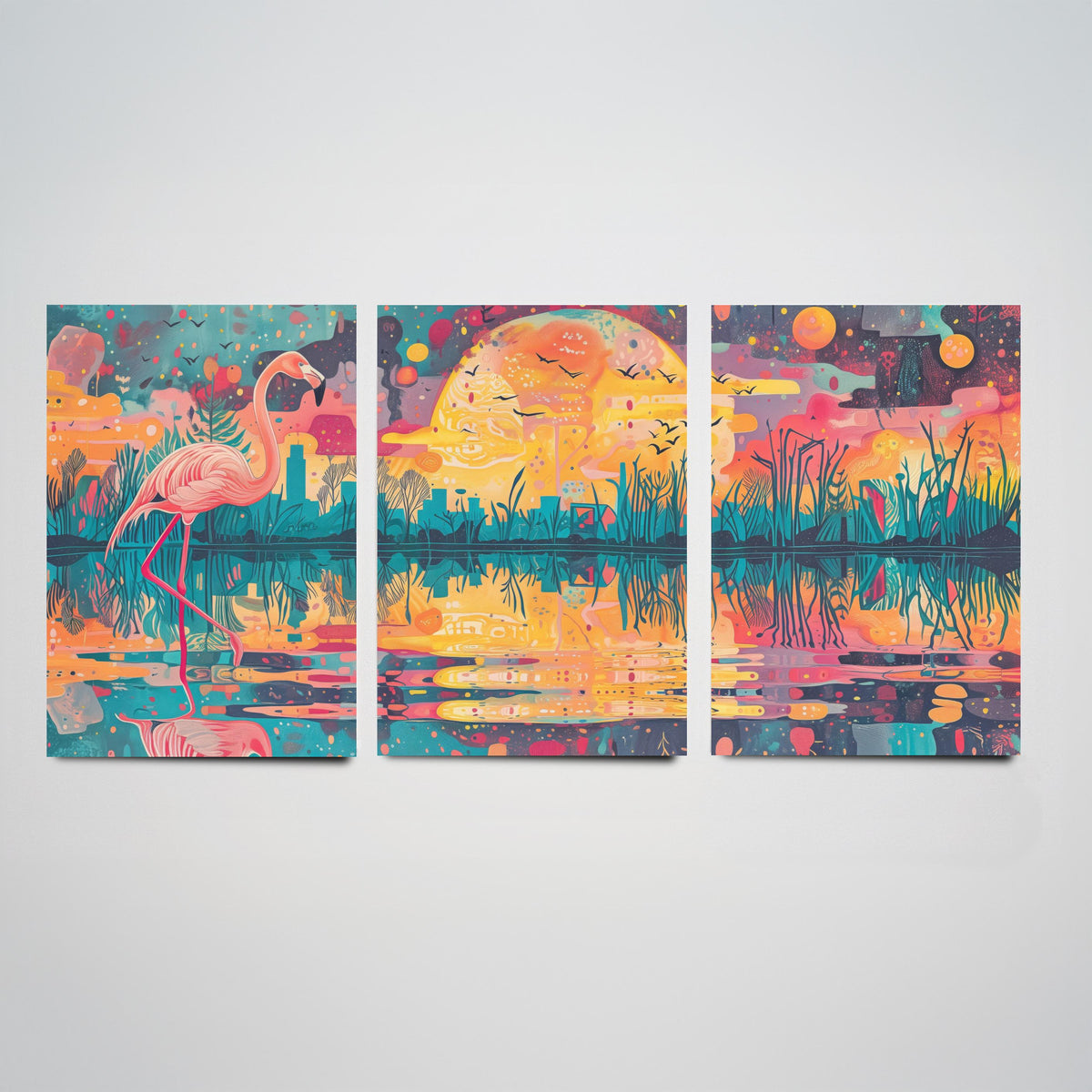 Surreal Flamingo Set of Three Art Prints - 3 Wetland Moon Cityscape Posters - Bold Boho Bird Wildlife Painting Decor