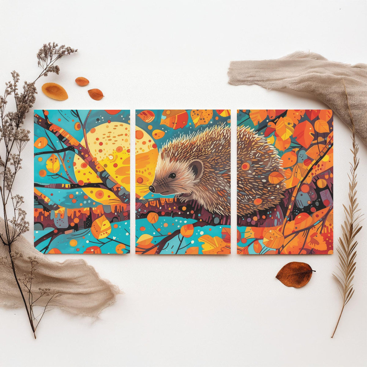 Autumn Hedgehog Set of Three Art Prints - 3 Woodland Leaves Moon Posters - Cosy Boho Wildlife Nature Painting Decor
