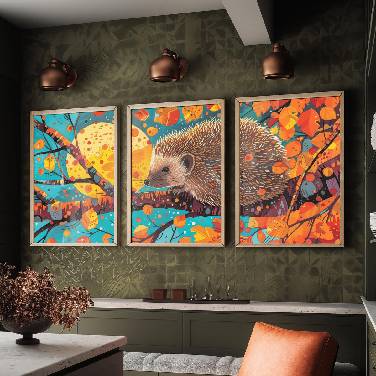 Autumn Hedgehog Set of Three Art Prints - 3 Woodland Leaves Moon Posters - Cosy Boho Wildlife Nature Painting Decor