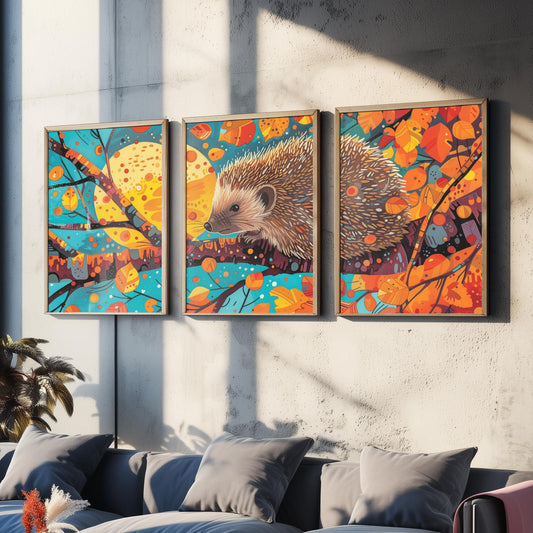 Autumn Hedgehog Set of Three Art Prints - 3 Woodland Leaves Moon Posters - Cosy Boho Wildlife Nature Painting Decor