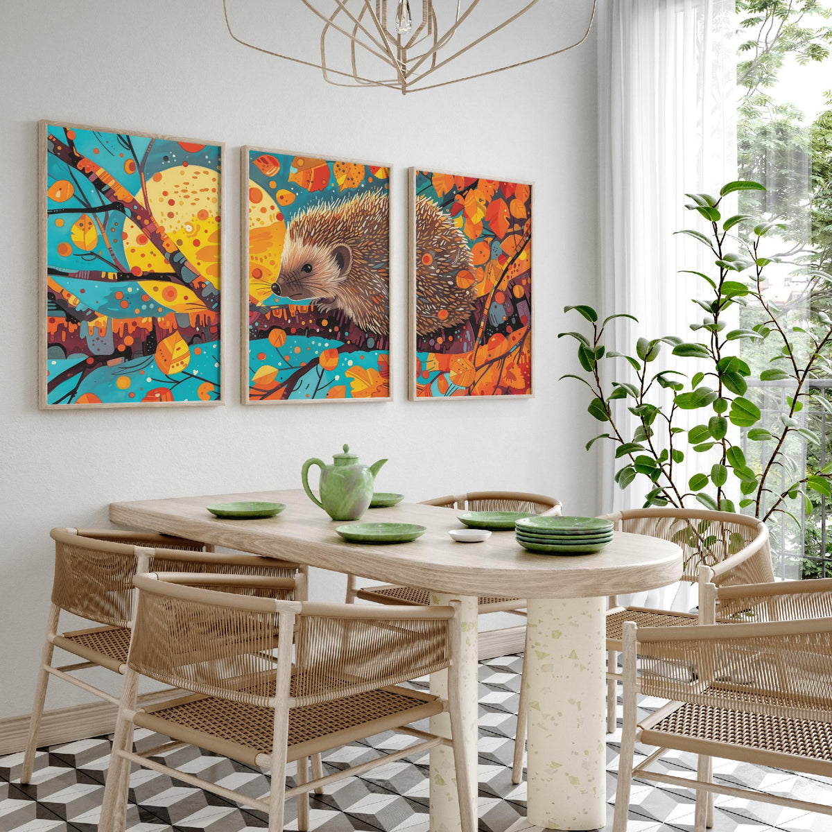 Autumn Hedgehog Set of Three Art Prints - 3 Woodland Leaves Moon Posters - Cosy Boho Wildlife Nature Painting Decor