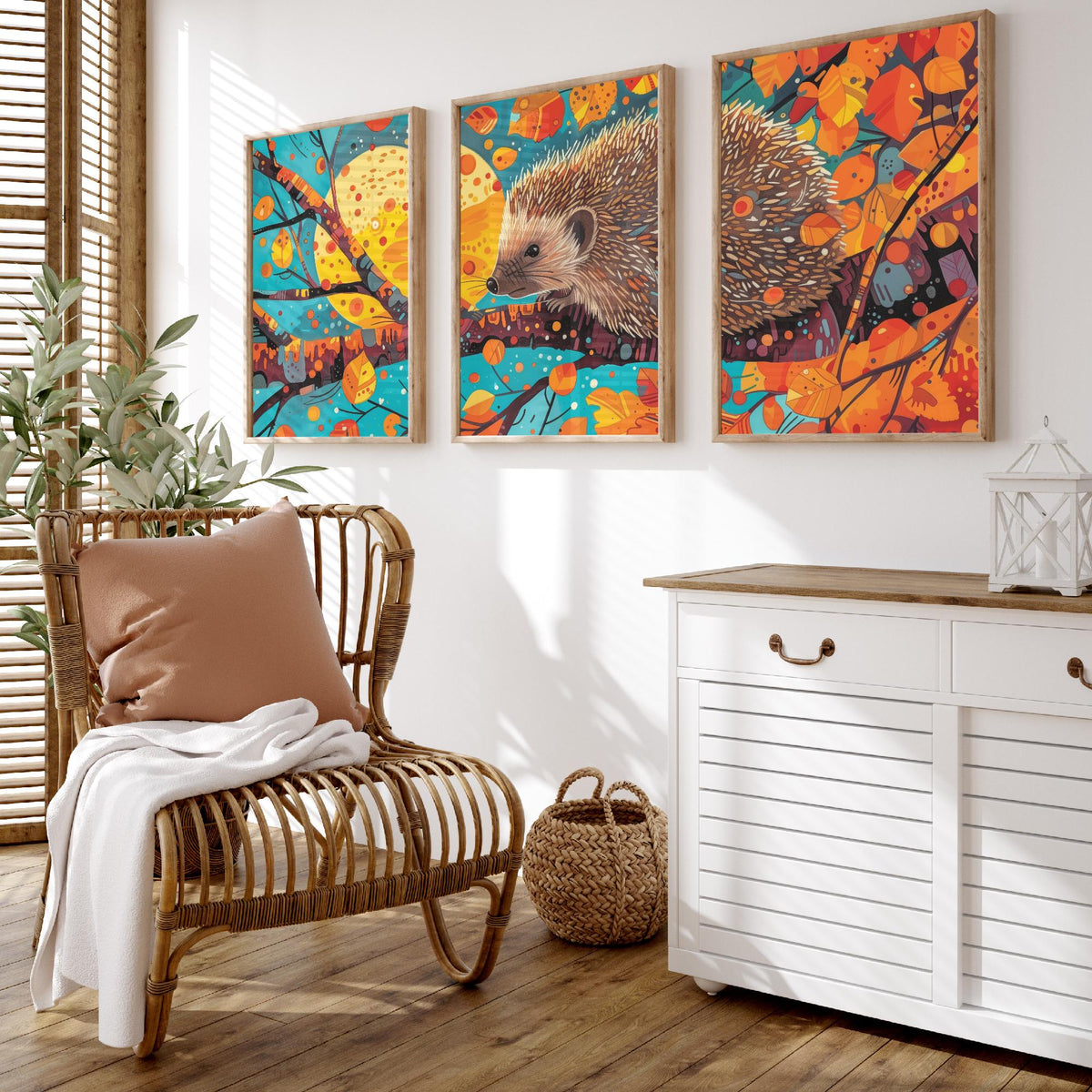 Autumn Hedgehog Set of Three Art Prints - 3 Woodland Leaves Moon Posters - Cosy Boho Wildlife Nature Painting Decor