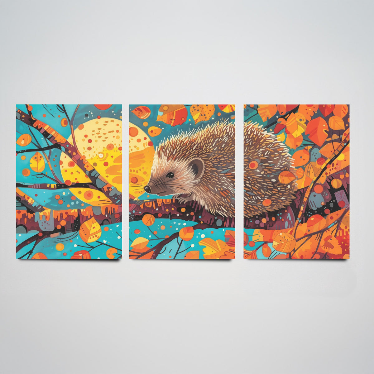 Autumn Hedgehog Set of Three Art Prints - 3 Woodland Leaves Moon Posters - Cosy Boho Wildlife Nature Painting Decor