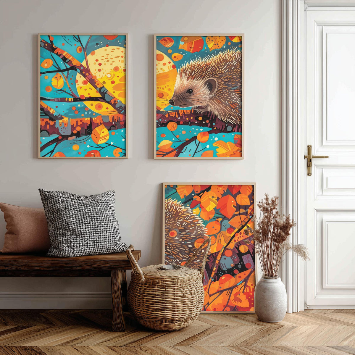Autumn Hedgehog Set of Three Art Prints - 3 Woodland Leaves Moon Posters - Cosy Boho Wildlife Nature Painting Decor