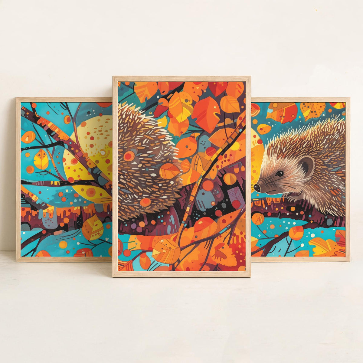 Autumn Hedgehog Set of Three Art Prints - 3 Woodland Leaves Moon Posters - Cosy Boho Wildlife Nature Painting Decor