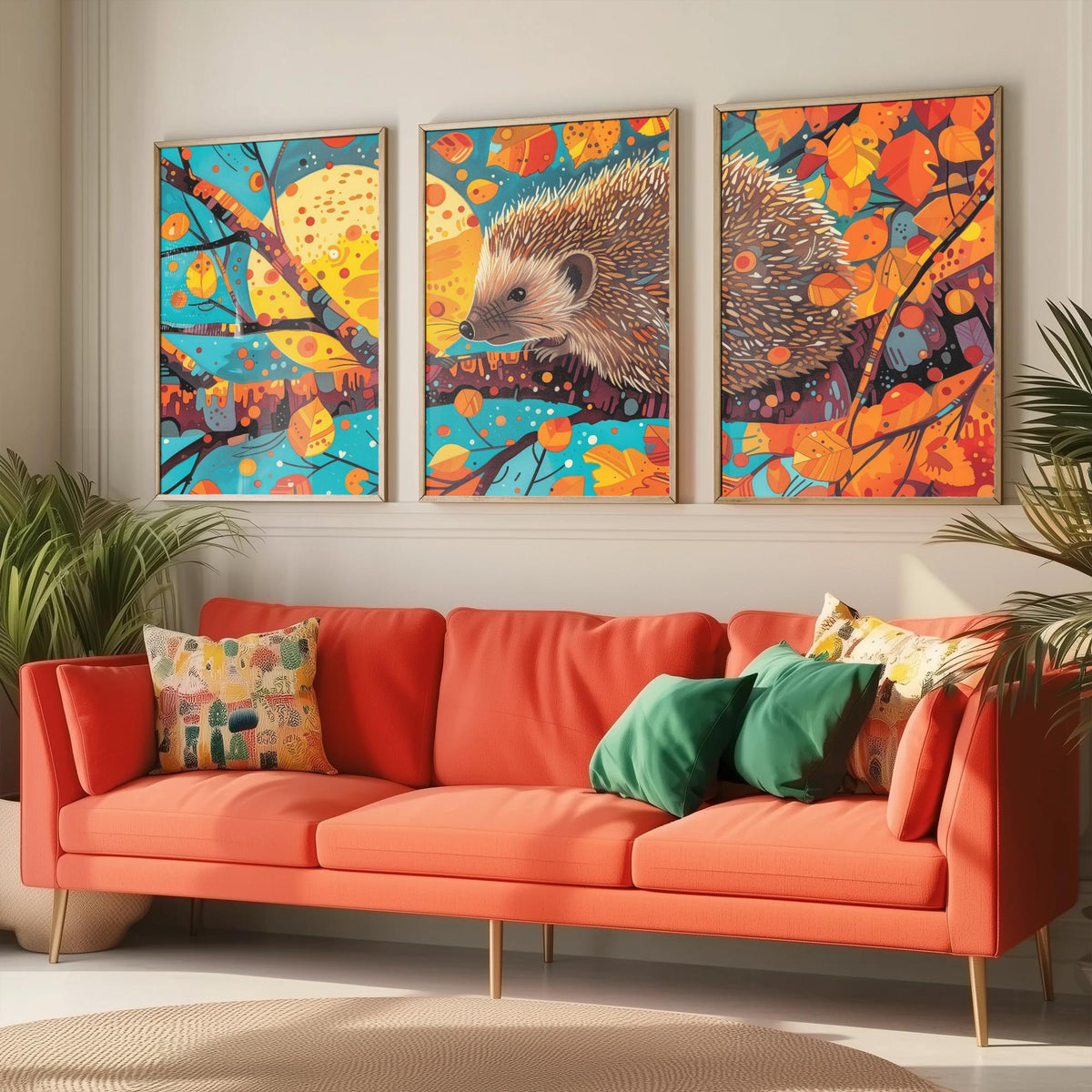 Autumn Hedgehog Set of Three Art Prints - 3 Woodland Leaves Moon Posters - Cosy Boho Wildlife Nature Painting Decor