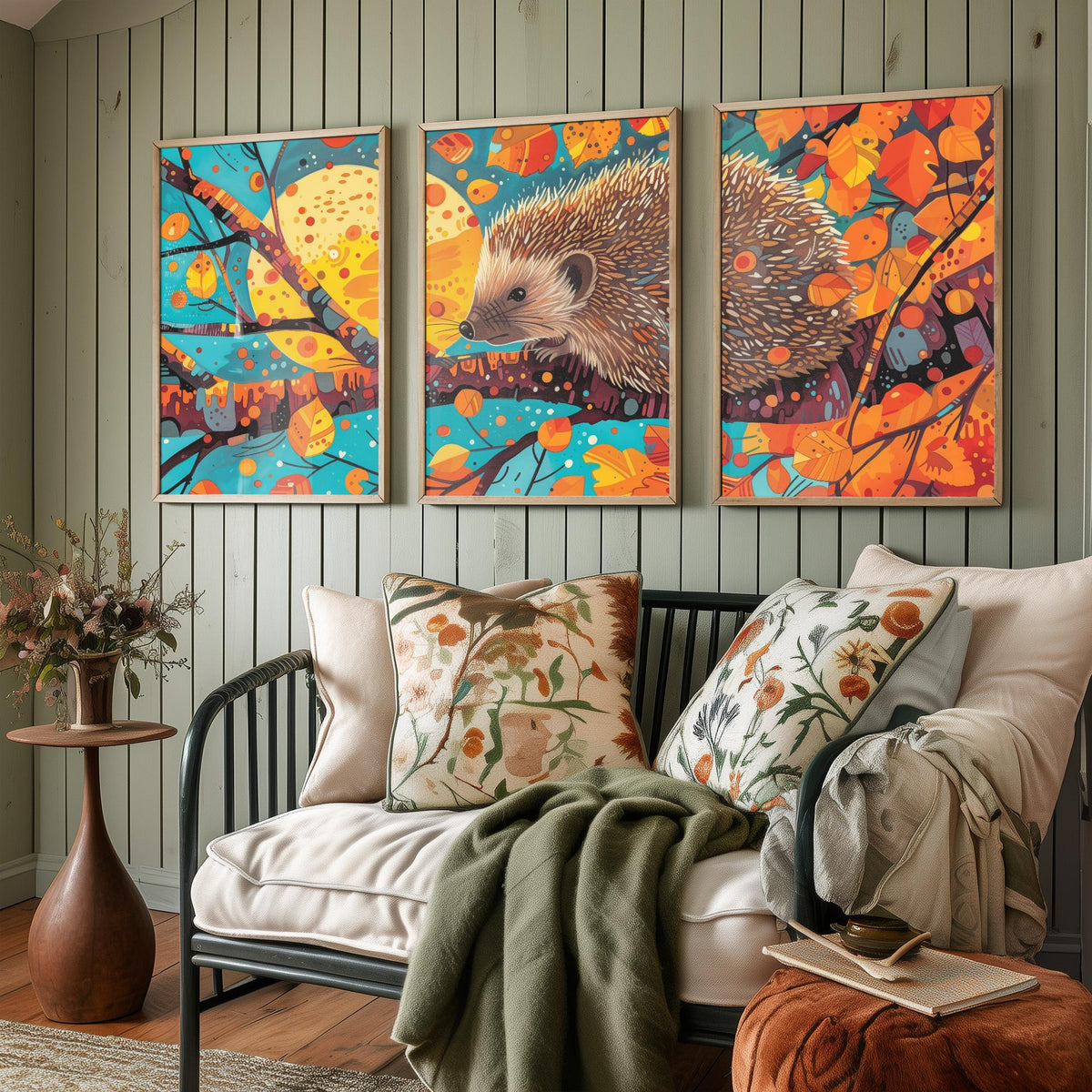 Autumn Hedgehog Set of Three Art Prints - 3 Woodland Leaves Moon Posters - Cosy Boho Wildlife Nature Painting Decor