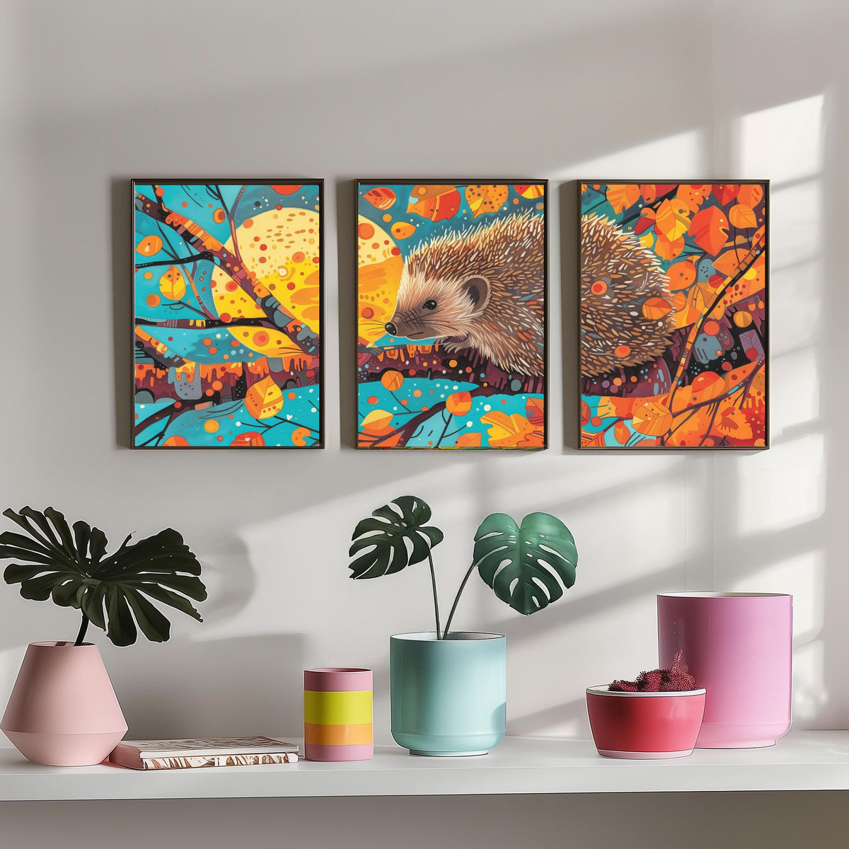 Autumn Hedgehog Set of Three Art Prints - 3 Woodland Leaves Moon Posters - Cosy Boho Wildlife Nature Painting Decor