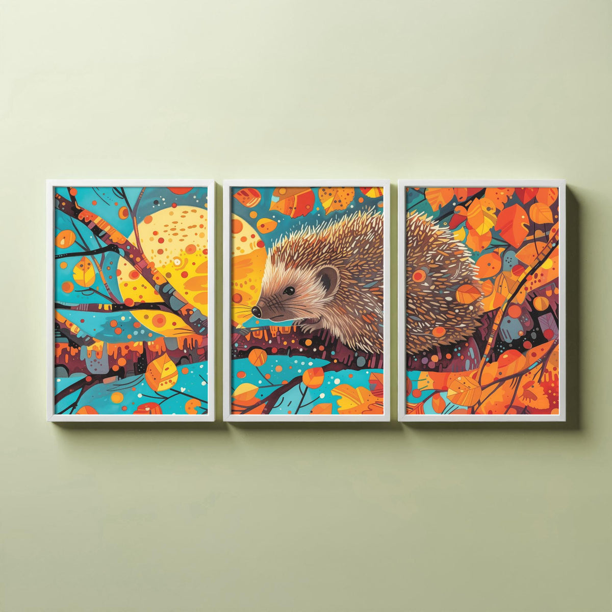 Autumn Hedgehog Set of Three Art Prints - 3 Woodland Leaves Moon Posters - Cosy Boho Wildlife Nature Painting Decor