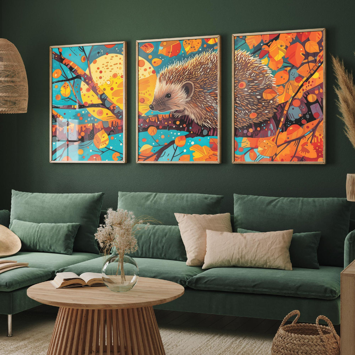 Autumn Hedgehog Set of Three Art Prints - 3 Woodland Leaves Moon Posters - Cosy Boho Wildlife Nature Painting Decor