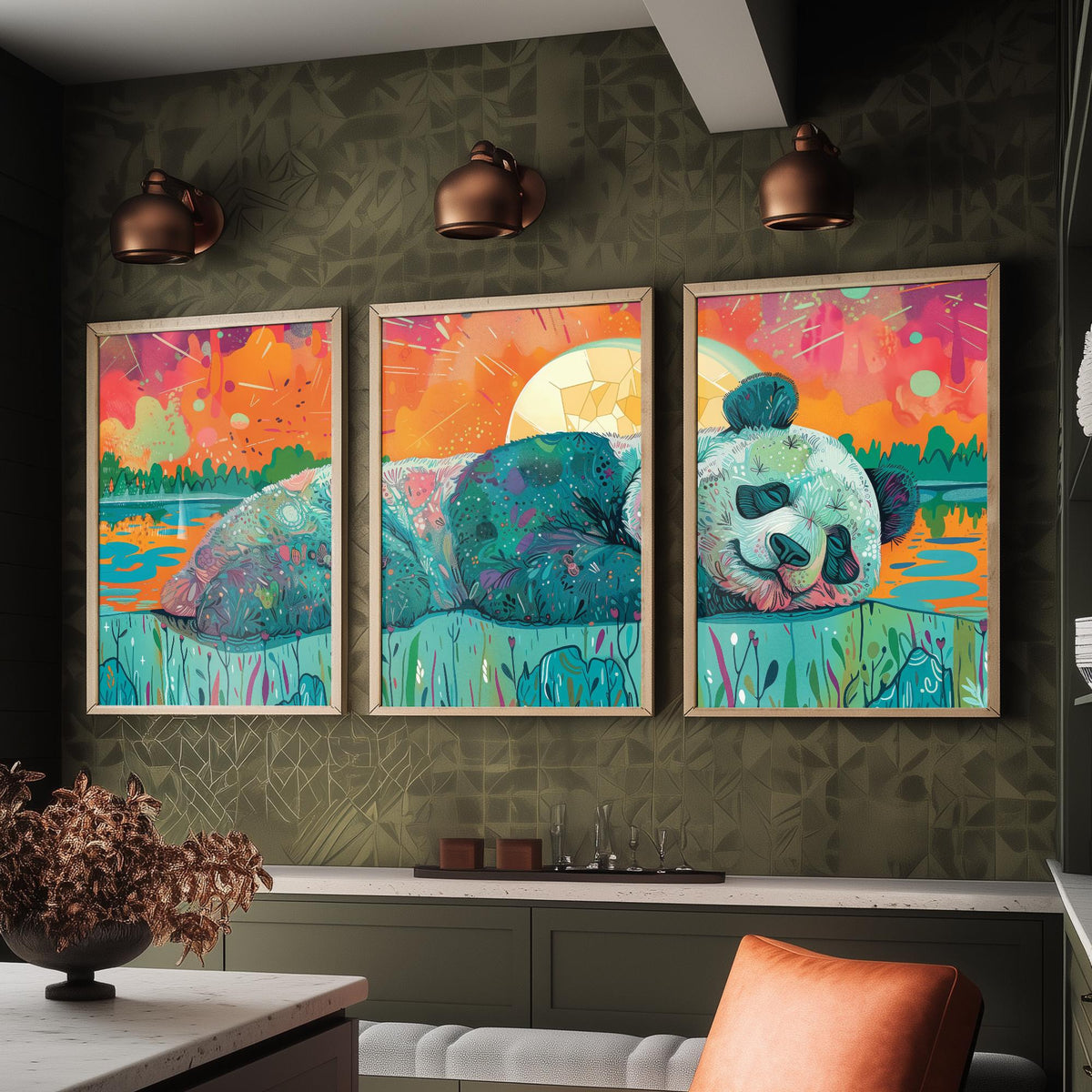 Sleeping Panda Set of Three Art Prints - 3 Boho Meadow Sunset Posters - Teal Coral Wildlife Nature Painting Decor