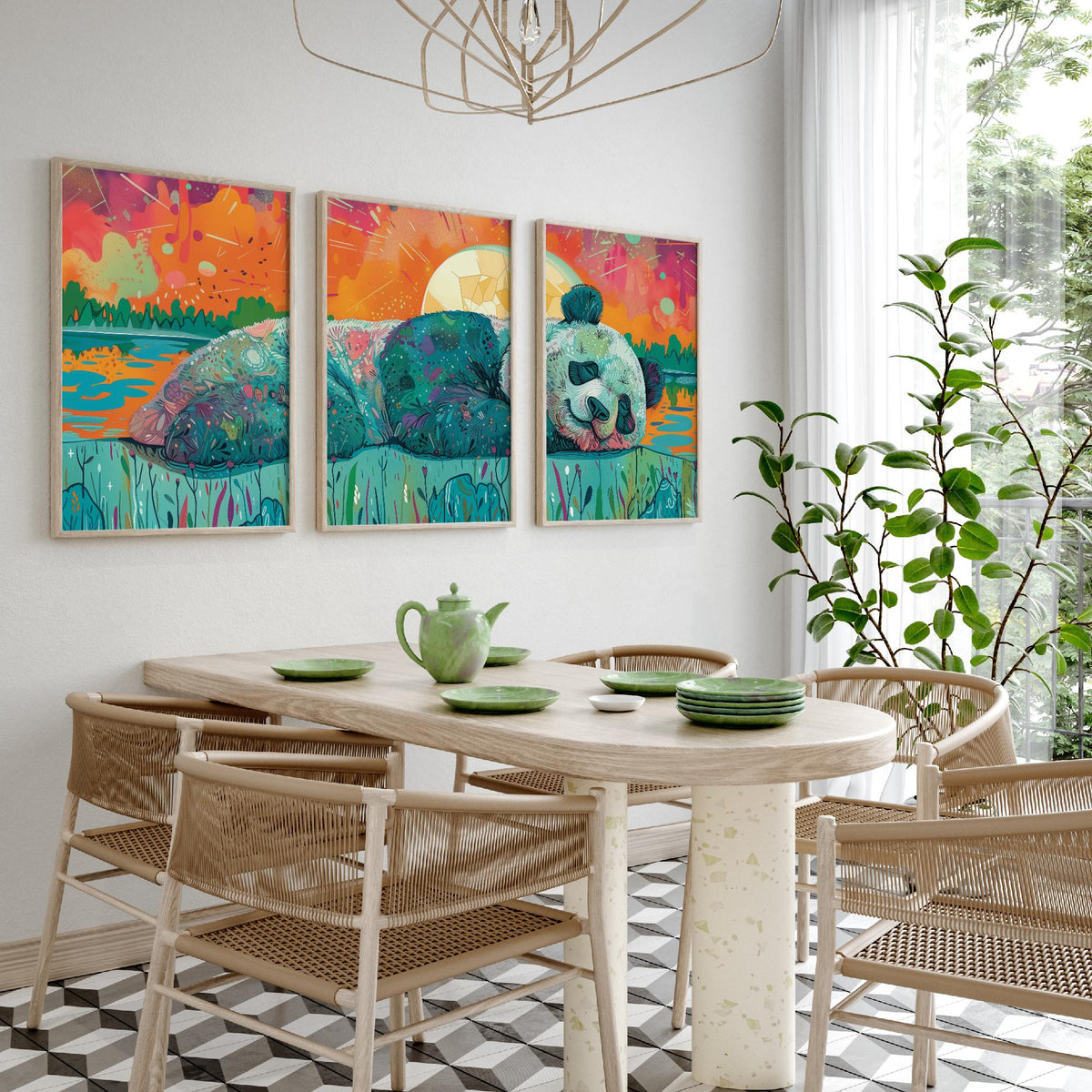 Sleeping Panda Set of Three Art Prints - 3 Boho Meadow Sunset Posters - Teal Coral Wildlife Nature Painting Decor