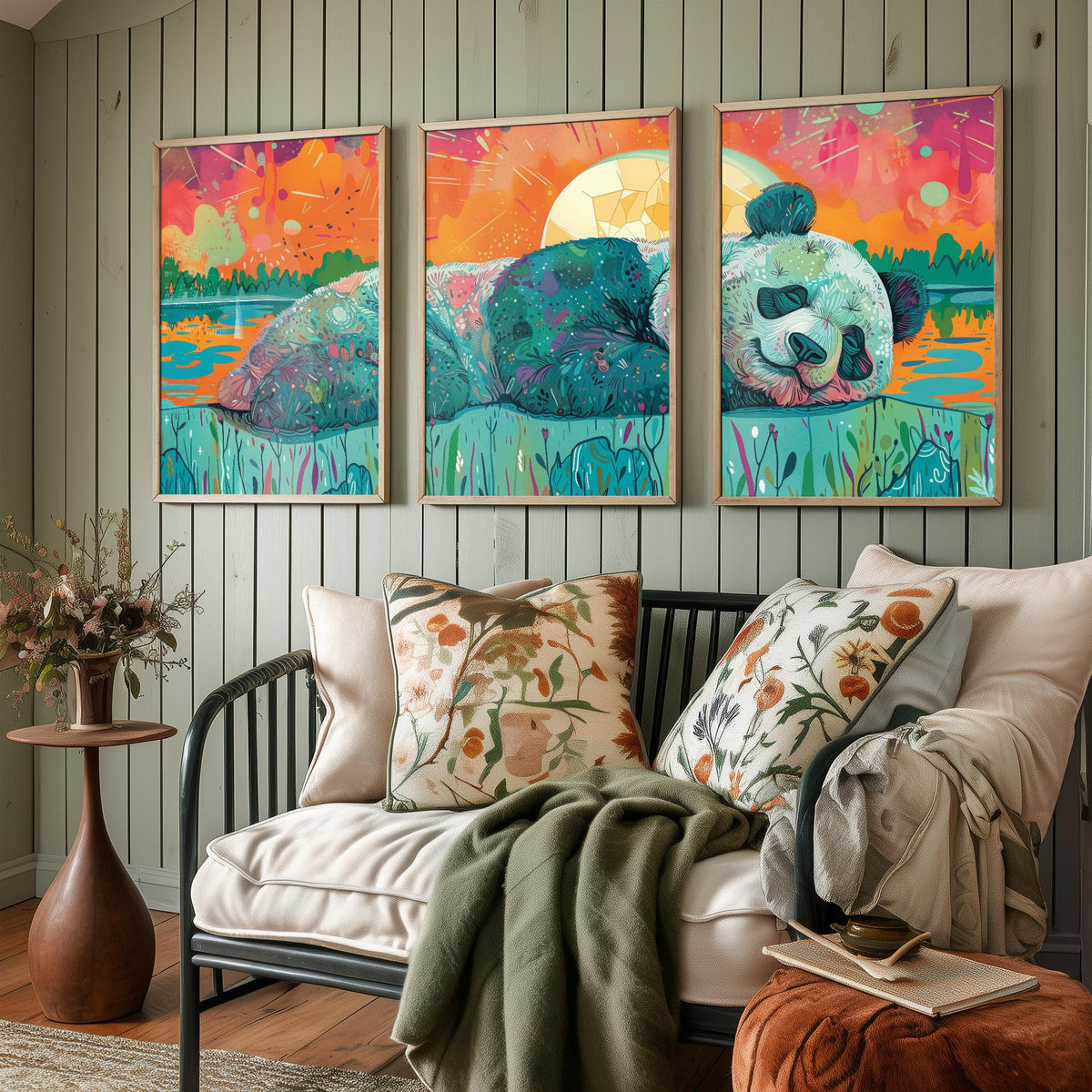 Sleeping Panda Set of Three Art Prints - 3 Boho Meadow Sunset Posters - Teal Coral Wildlife Nature Painting Decor