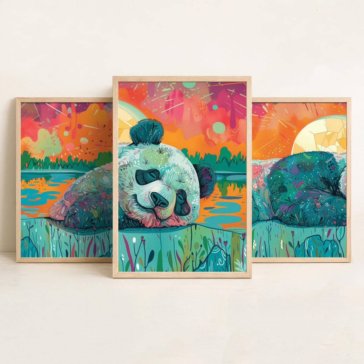 Sleeping Panda Set of Three Art Prints - 3 Boho Meadow Sunset Posters - Teal Coral Wildlife Nature Painting Decor
