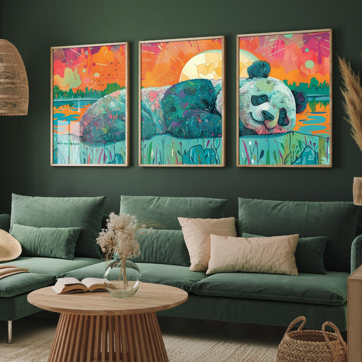 Sleeping Panda Set of Three Art Prints - 3 Boho Meadow Sunset Posters - Teal Coral Wildlife Nature Painting Decor