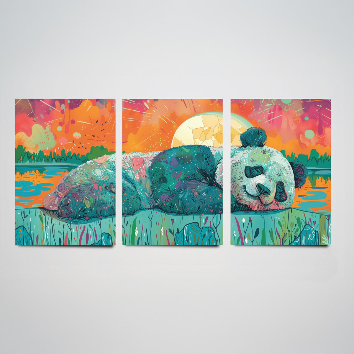 Sleeping Panda Set of Three Art Prints - 3 Boho Meadow Sunset Posters - Teal Coral Wildlife Nature Painting Decor