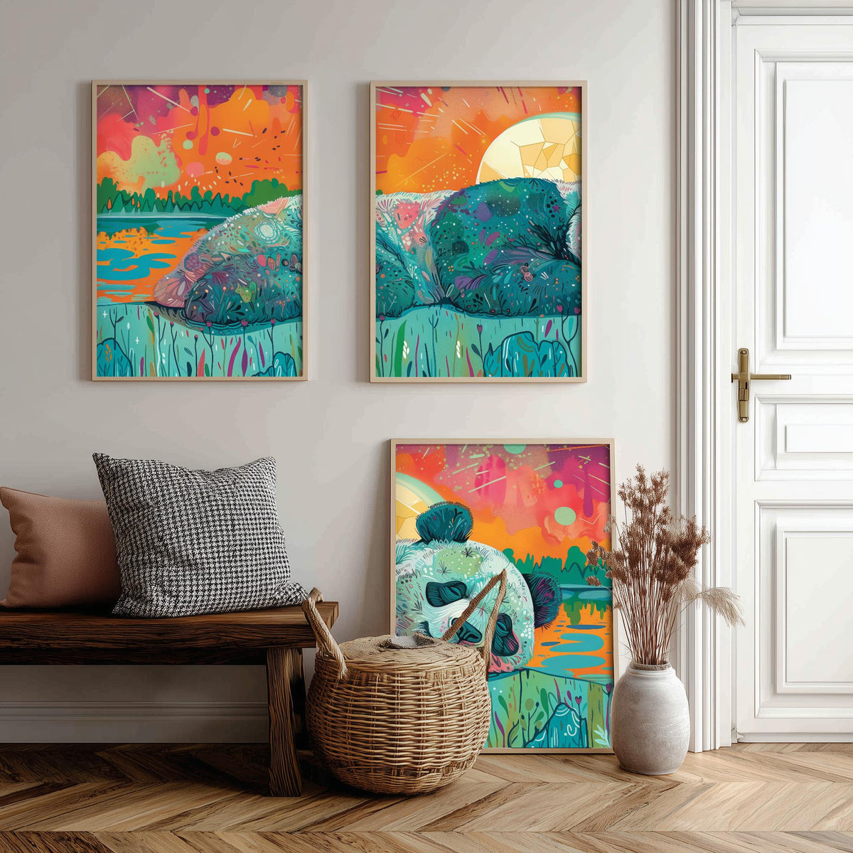 Sleeping Panda Set of Three Art Prints - 3 Boho Meadow Sunset Posters - Teal Coral Wildlife Nature Painting Decor