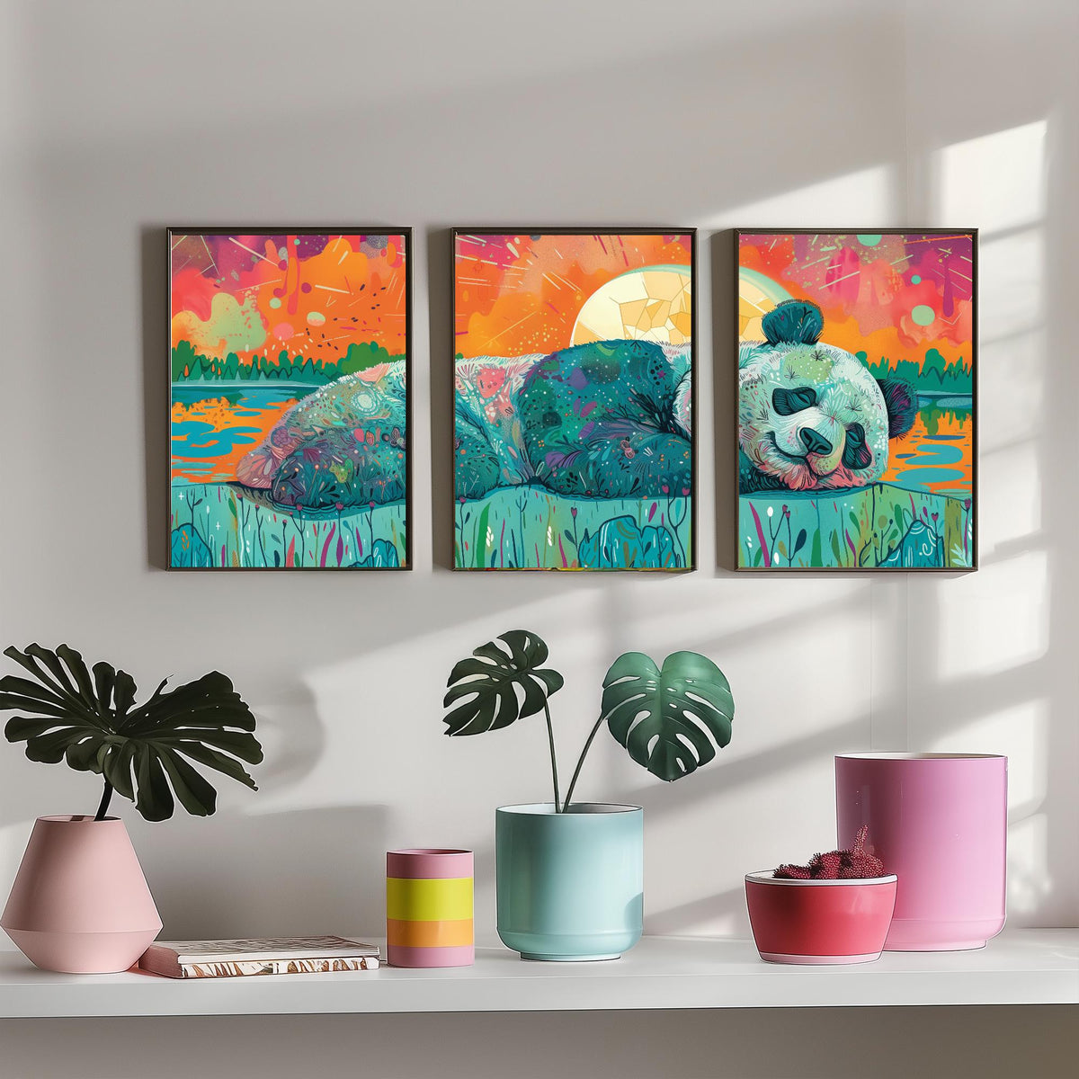 Sleeping Panda Set of Three Art Prints - 3 Boho Meadow Sunset Posters - Teal Coral Wildlife Nature Painting Decor